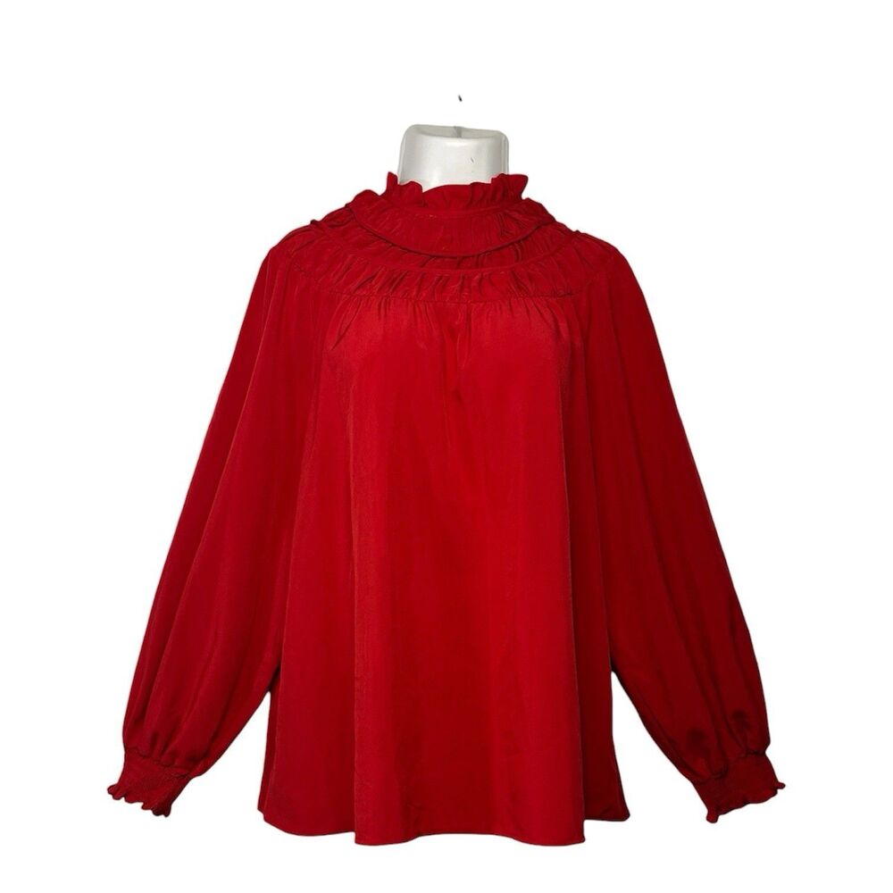 Cato Mock Neck Blouse Top Red Large Ballon Sleeve Ruffle Pleated Party Career